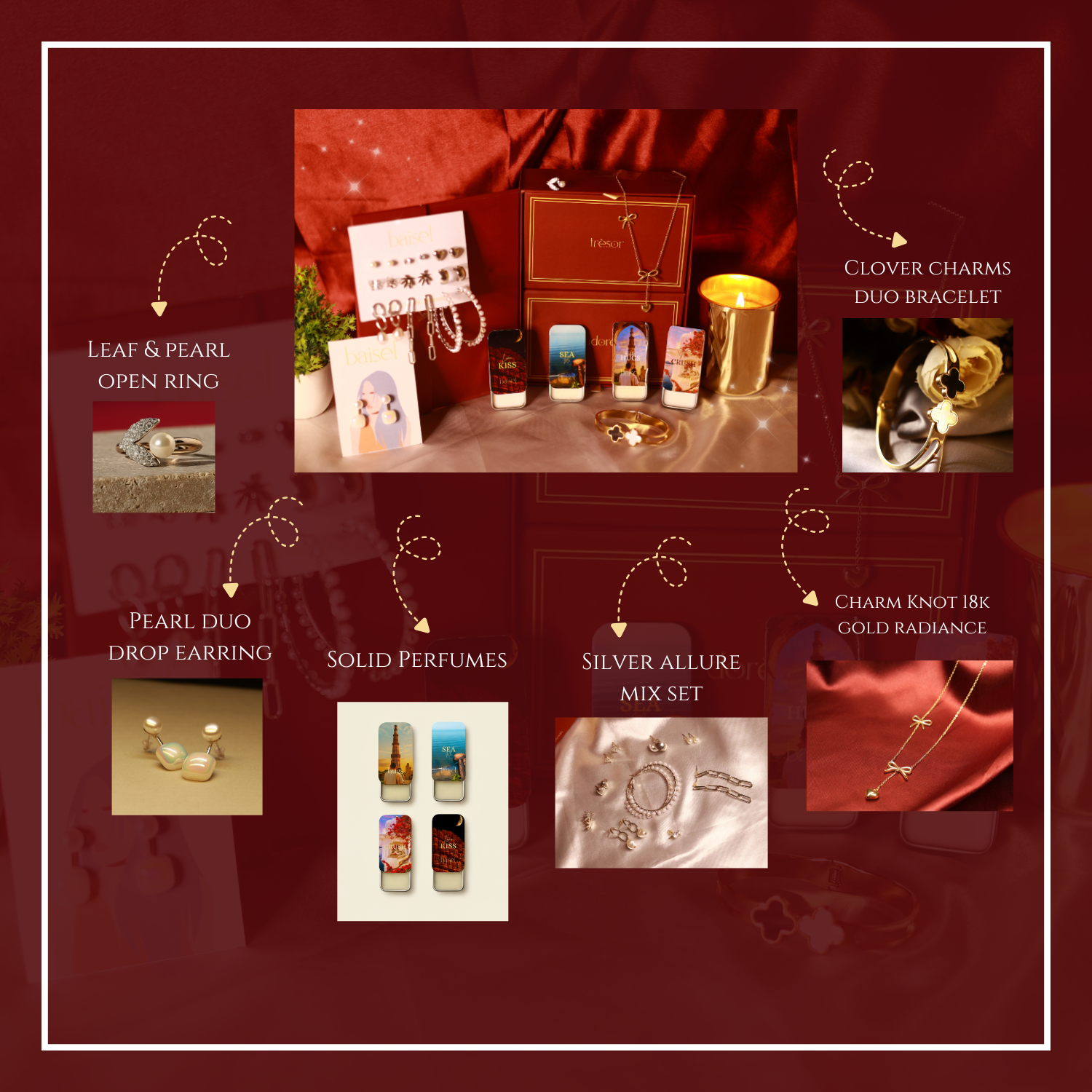 Clover Charm Luxe Jewelry Gift Hamper – Gold & Silver Combo with Solid Perfumes for Women