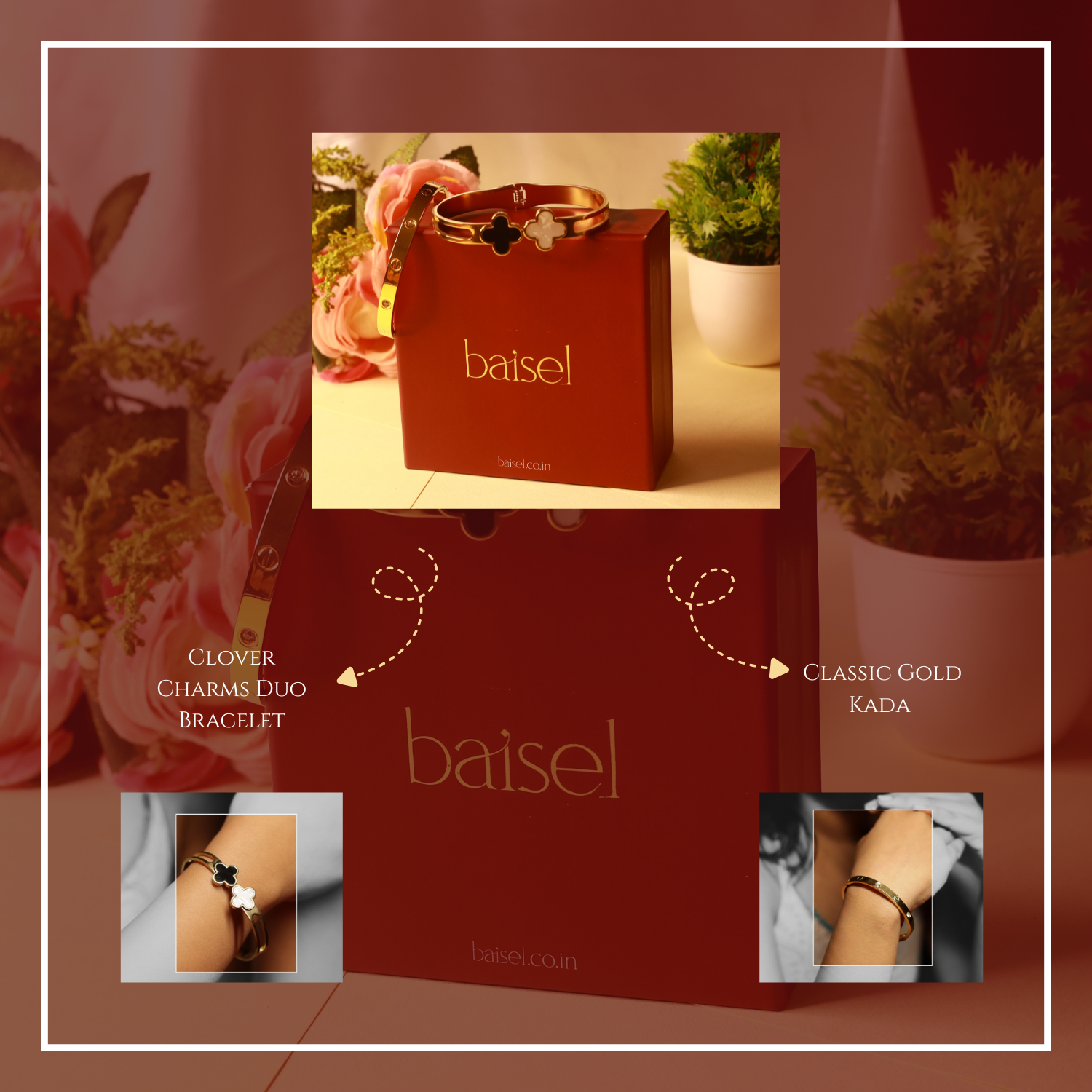 Clover Elegance Bracelet Duo – Lucky Charm Bracelet & Classic Gold Kada Set