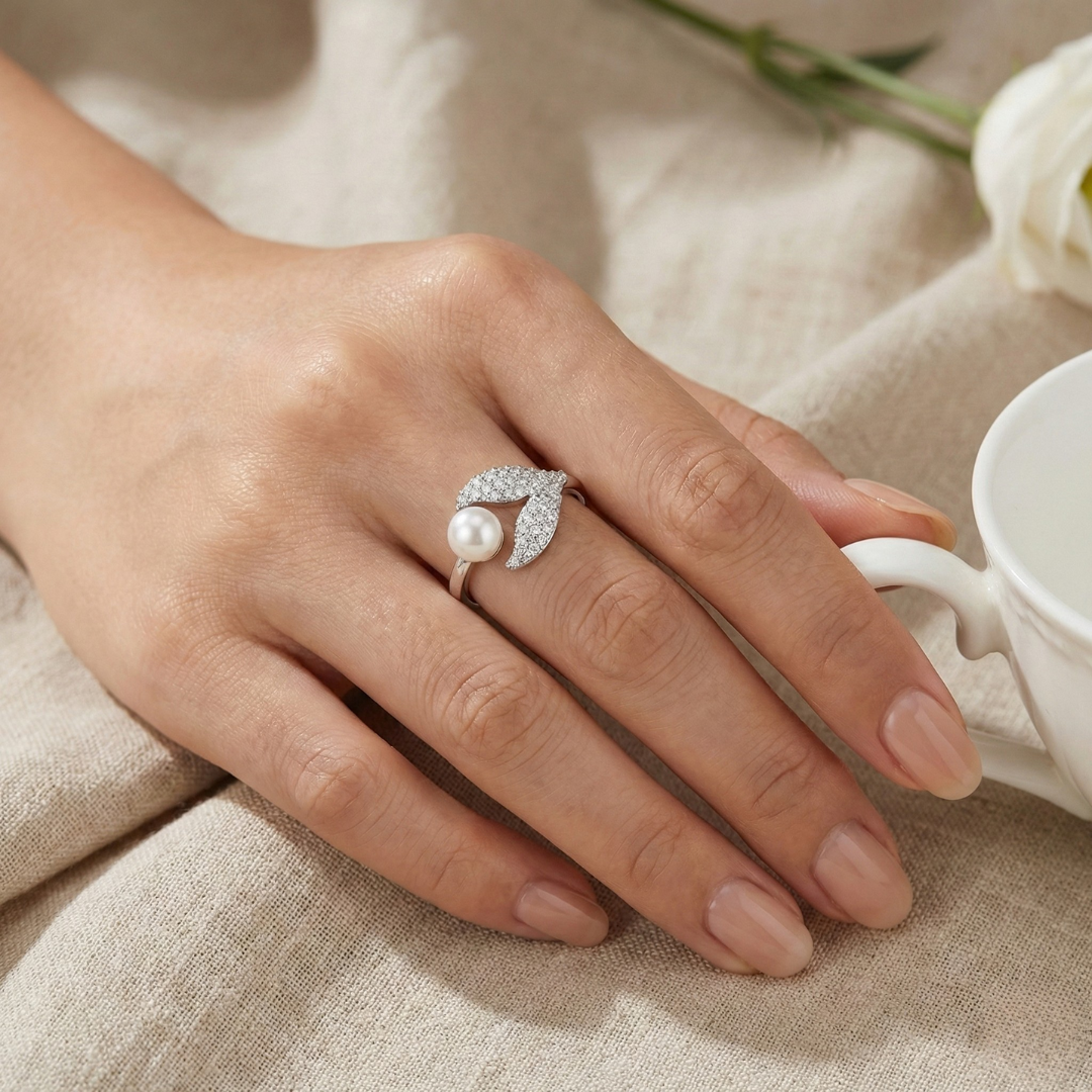 Leaf & Pearl Open Ring